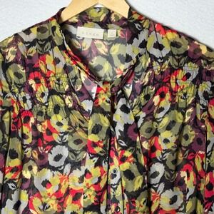 Hinge Womens Size Small Floral Silk Tie Neck‎ Blouse Sheer Boho Romantic